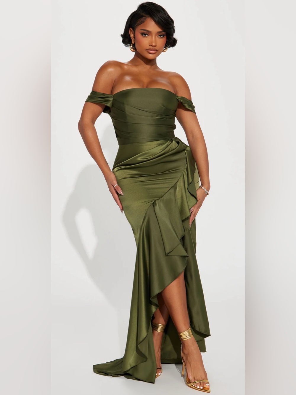 Fashion Nova Olive Green Draped Maxi Gown Off The Shoulder Sleeves